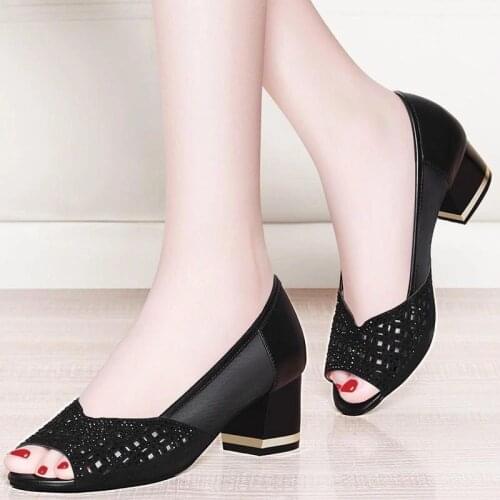 Summer Woman Pumps Bling Open Toe High Heels Hollow Out Women Sandals Dress Shoes OL office Square heel mujer Ladies Shoes 35-43