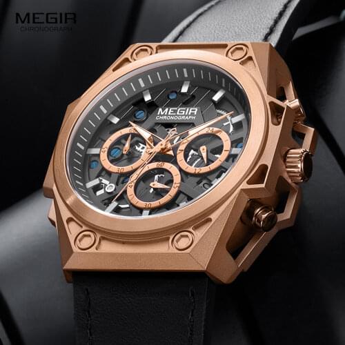 MEGIR Luxury Stainless Steel Watches Men 2020 Luxury Brand Sport Leather Strap Wristwatch Waterproof Chronograph Quartz Watch
