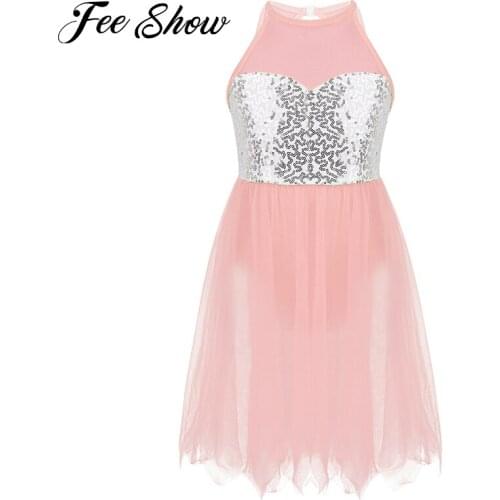 Kids Girls Sequins Ballet Dance Leotard Dress Cutout Back Skating Modern Contemporary Ballroom Stage Lyrical Dance Costumes