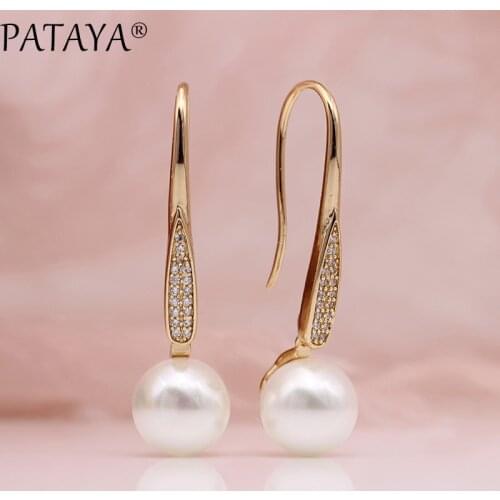 PATAYA New Shell Pearls Long Earring Women Fashion Wedding Luxury Jewelry 585 Rose Gold White Natural Zircon Dangle Earrings