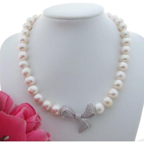 FC101607 19" 10-11MM White Freshwater Pearl Necklace CZ Pendant