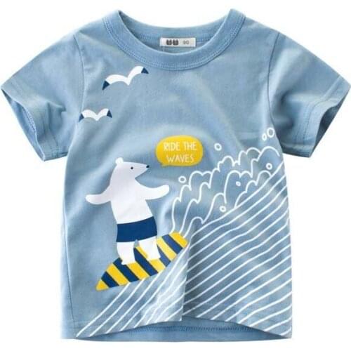 Cartoon Print Bear Ride The Waves T-shirts For Boys For Summer For Children Short Sleeve Top Tee