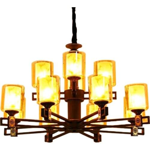 Chinese Style Wrought Iron Glass Chandelier Villa Hotel Living Room Dining Room Bedroom Simple Lighting