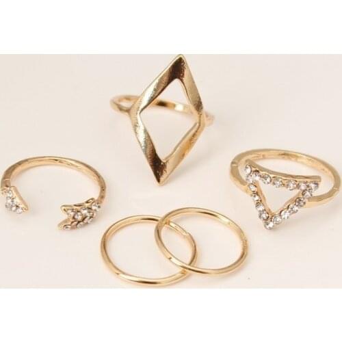 Fashion Alloy Inlaid Crystal Arrow Triangle Joint 5 Five-piece Suit Ring For Women Punk Geometric Metal Ring Jewelry Wholesale