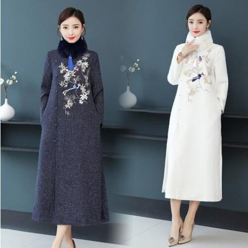 Fashionable luxury Improved women cheongsam winter new trim vintage ethnic long woolen coat large size fashion woolen warm coat