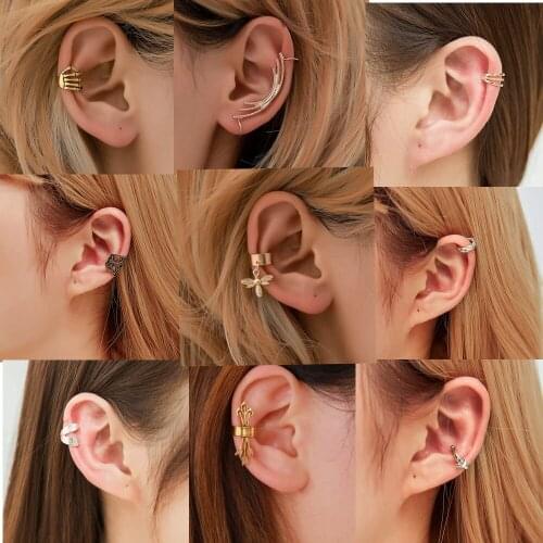 17 Gold Color Fashion No Pierced Ear Clip Cuff Wrap Earrings Leaf Feather Pendant Non-piercing Clip Earrings for Women Gifts