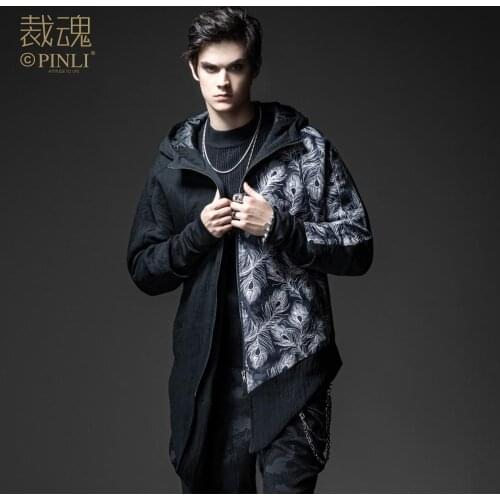 Free Shipping New Male mens unique fashion personality 2020 autumn black printed hooded long warm cotton jacket BC203305222
