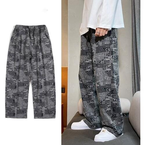 Mens Fashion Letters Black Printed Jeans Loose Straight Pants Men Harajuku Denim Pants Men Trouser