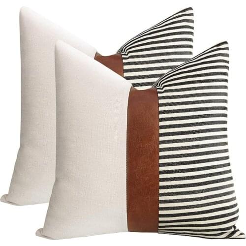 Set of 2 Farmhouse Decor Stripe Patchwork Linen Boho Throw Pillow Covers, Modern Pillow Covers 18X18 Inch