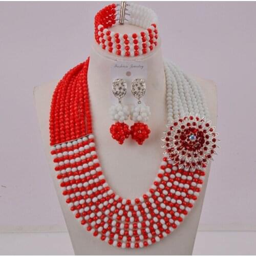 Opaque Red and White Nigerian Wedding African Beads Jewelry Set Crystal Beaded Necklace Sets