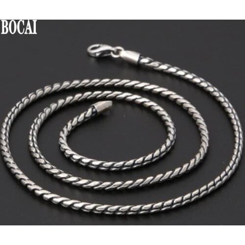 BOCAI new real S925 Pure silver jewelry men and women necklace retro Thai silver simple wild twist necklace clavicle chain