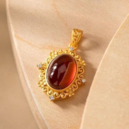 Garnet S925 sterling silver song dynasty Hanfu Necklace Antique pendant elegant orange classic stone single pendant Chinese styl