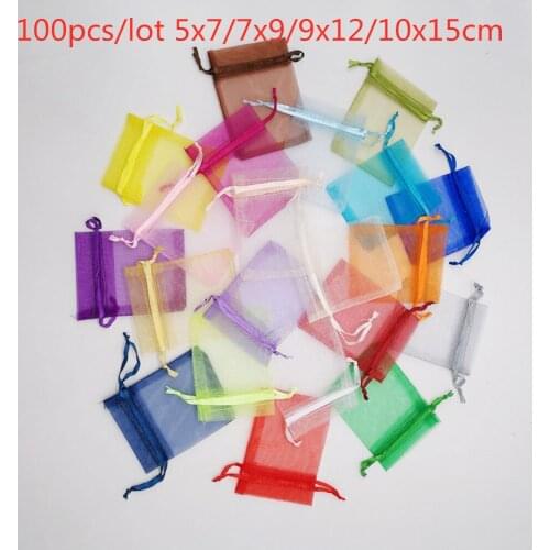 100pcs Organza Gift Bags Pouch 5x7 7x9 9x12 10x15cm Christmas Gift Bag Organza Drawstring Candy Bags Wedding Gift Packaging Bag