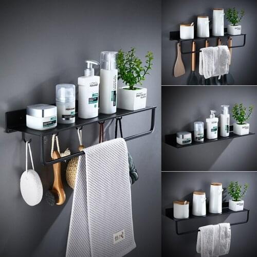 Bathroom Shelf Bath Shower Shelf with Bar and Hooks Aluminum Black Bathroom Corner shelf Wall Mounted Kitchen Storage holder