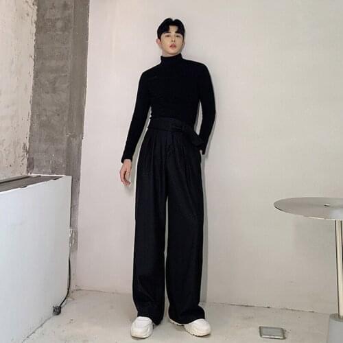 Belt four seasons hairstyle straight tube mens casual pants high waist trousers youth wide leg pants loose personality decorati