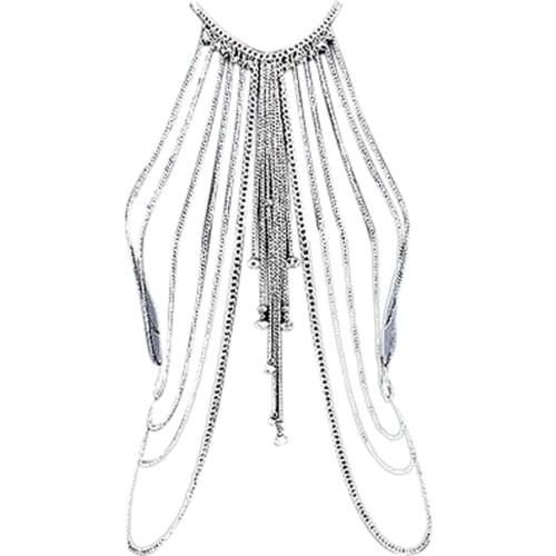Silver-color Summer Style Fashion Jewelry Punk Metal Multilayer Tassel Body Long Crystal Necklace For Women