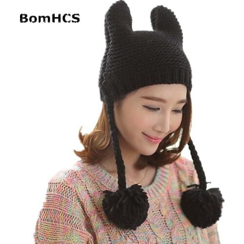 BomHCS Cute Cat Ear New 100% Handmade Knitted Beanie Women Winter Hat Ear Muff Cap with Balls