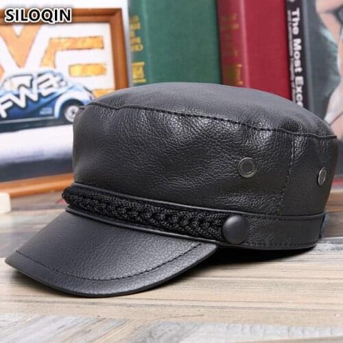 SILOQIN Elegant Womens Genuine Leather Hat Army Military Hats Winter Fashion Cowhide Leather Mens Flat Cap Chapeau En Cuir