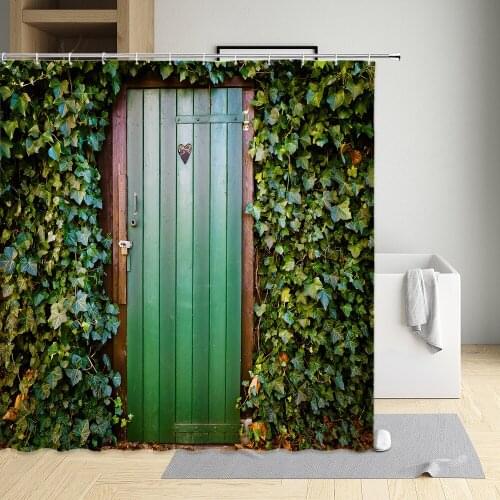 Retro Wooden Door Shower Curtains Nostalgia Art Style Bathroom Decors Background Polyester Waterproof Washable Sets With Hooks