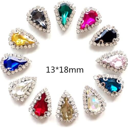 Glass Crystal Silver Claw Settings 13x18mm Nice Colors Water Drop Navette Marquise Shape Sew On Rhinestone Beads Appliques Diy