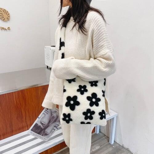 Shoulder Crossbody Bag Casual Portable Flower Printed Autumn Women Plush Soft Fluffy Handbag Large Capacity Clutch Totes Bags