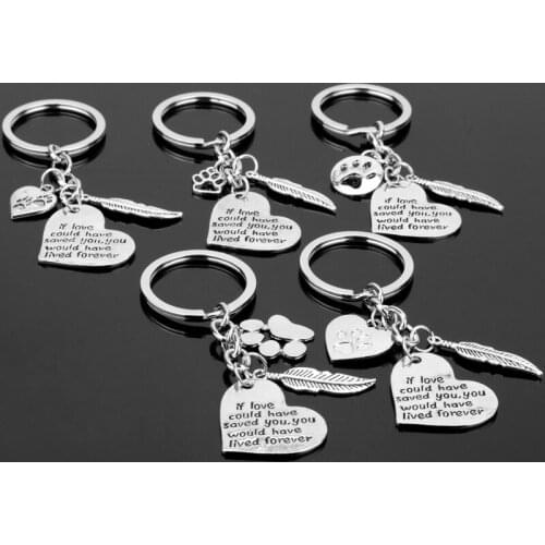 Vintage Feather Keychains Gift Dog Pet Paws Keyrings If Love Could Have Saved Heart Key Chains Rings For Women Men Animals Lover