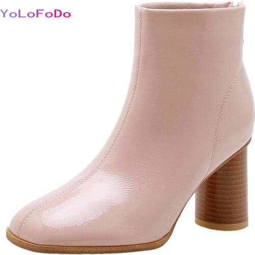 2021 Autumn Winter Women Ankle Boots PU Leather Ladies Round High Heel Boots Fashion Zipper Round Toe Womans Boots Big Size 45