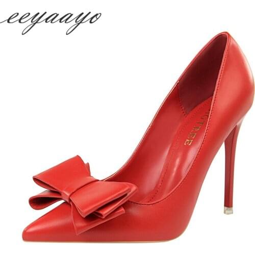 2019 New Spring Women Pumps High Thin Heel Pointed Toe Shallow Fashion Sweet Butterfly-Knot Women Shoes Red High Heels