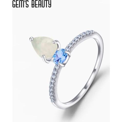 GEMS BEAUTY 925 Sterling Silver For Women Ring Water Drop African Opal Natural Swiss Blue Topaz CZ - White Circle Handmade Ring