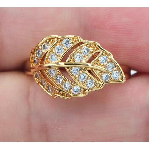Romantic Women Gold Color AAA+ Cubic Zirconia Clear CZ Leaf Anniversary Ring Jewelry