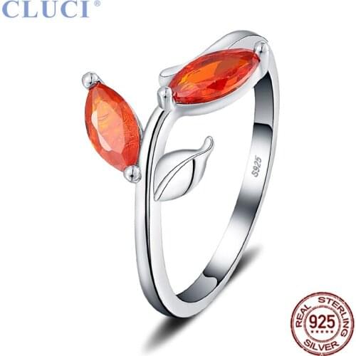 CLUCI Authentic 925 Sterling Silver AAA Red Zircon Leaves Shape Finger Ring for Women Holiday Jewelry Girls Rings DR1067SB
