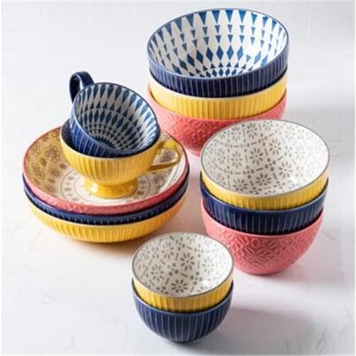 1 x Fashion Nordic Printed Bowl Relief Ceramic Household Soup Bowl For Tableware Home Kitchen