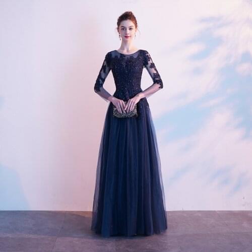 2019 New Arrival Elegant Lace Royal Blue Long Dresses Evening Party Formal Half Sleeve Fashion Lace Floral Maxi Dresses