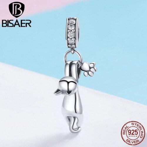 BISAER 925 Sterling Silver Fashion Cat Pussy Footprints Charms Beads Fit Bracelets DIY Jewelry Making Silver 925 Jewelry ECC930