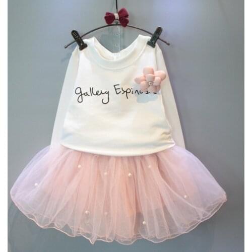 DFXD 2017 Autumn Kids Clothes Girls White Cotton Full Sleeve Fashion Letter Floral Pullover+Lace Skirt 2pc Princess Girls Sets