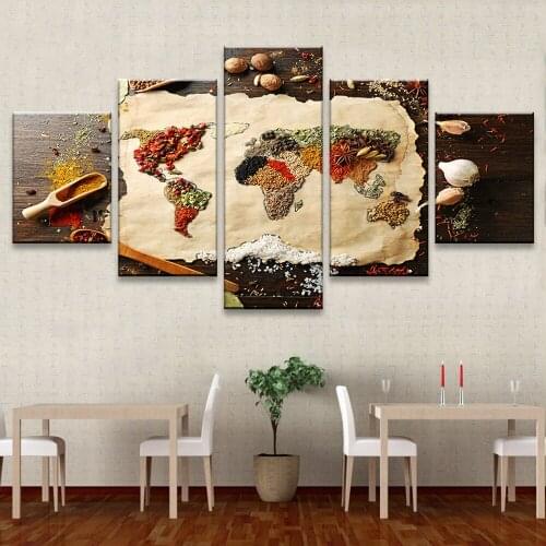 HD Prints Decor Living Room Wall Home Art Frames 5 Pieces Spices Foods World Map Paintings Modern Poster Modular Pictures Canvas