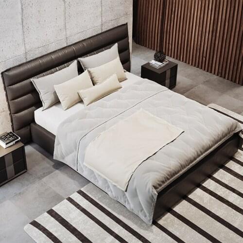 Nordic minimalist style leather bed, first layer of yellow leather, soft bag, 1.8m small apartment, double solid wood bed