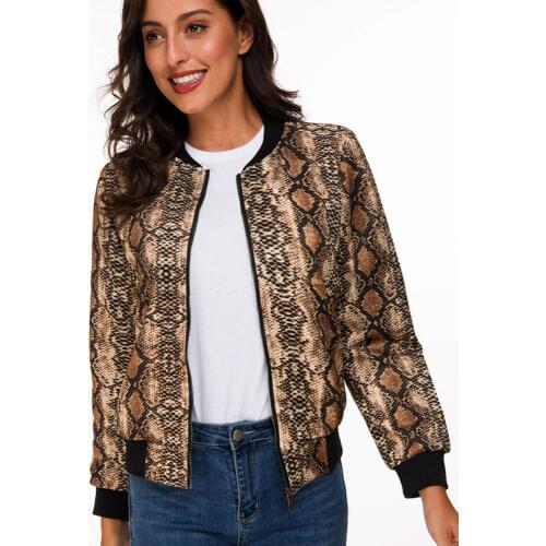 Vangull Snake Skin Print Zipper Closure Sreetwear Women Jackets 2021 Brand Spring New Long Sleeve Casual Baseball Jackets