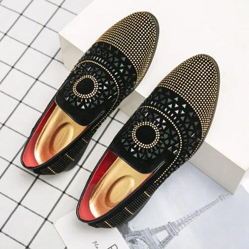 Mens Rhinestone Fashion Suede Leather Velvet Crystal Loafers Men Casual Printed Moccasins Oxfords Shoes Man Party Driving Flats