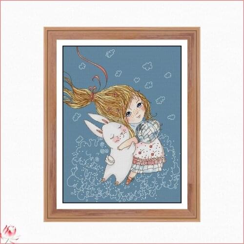 The Little Girl And The Rabbit Chinese Cross Stitch Kits Ecological Cotton Stamped Printed 14CT DIY Easy to Use Home Decoration