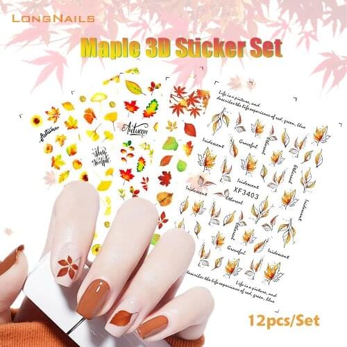 CA Maple Nail 3D Stickers Kit 12pcs/Set Autumn Start Leaf Decal Self-Adhesive Maple Sketch Sunset Yellow Nails 3D Stickers 9*7cm