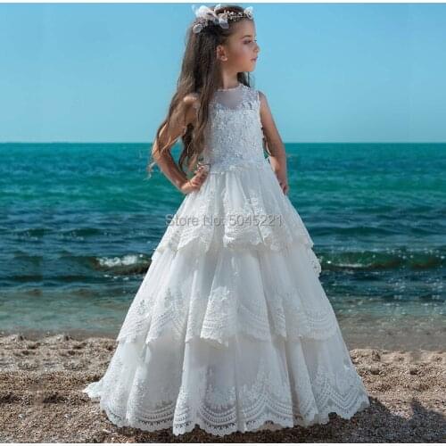 New Arrivals Girls Beading Lace Appliques Sleeveless Sheer Ball Gowns Chapel Train Wedding Flower First Communion Princess Dress