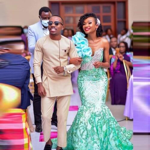 Luxury Sequined Appliques Lace Mermaid Prom Dresses Ruffles One Shoulder Major Beads Aso Ebi Evening Dress vestido de novia