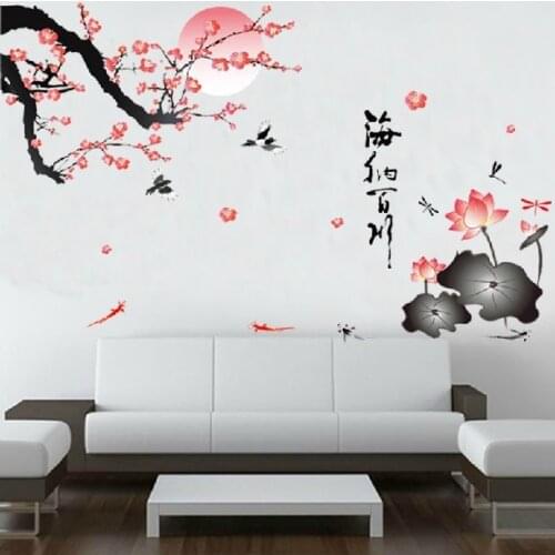Removable Waterproof Rivers Lotus Plum Blossom Wall Stickers Chinese Wind Flower Bird Tree Decal for Living Room Decor Poster