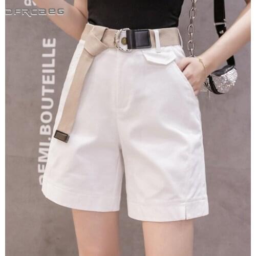 Free Belt Loose Summer Wide Leg Shorts Women 2020 Casual High Waist Knee Length Cargo Bermuda Shorts Female Orange White