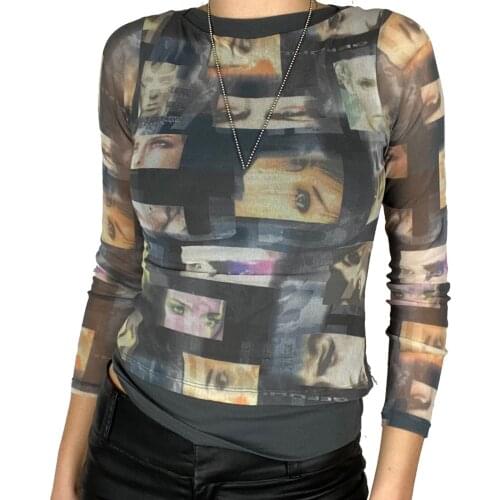Womens Y2K Gothic Face Portrait Print Mesh T-shirt Summer Vintage Long Sleeve Slim Fit Crop Top E-girl Harajuku 90s Streetwear