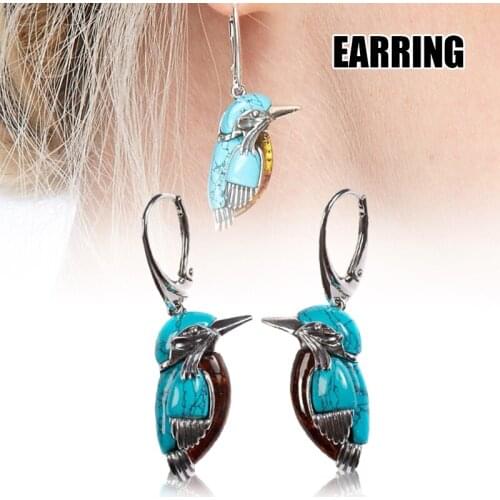 Retro Blue Birds Shape Drops Earrings Vintage Pendientes Inlaid Blue Stone Women Earrings LXH