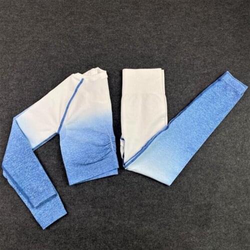 2020 New Women Seamless Yoga Set Gym High Waist Ombre Leggings Shirts Top Suit Long Sleeve Fitness Workout Sport Sportswear Set