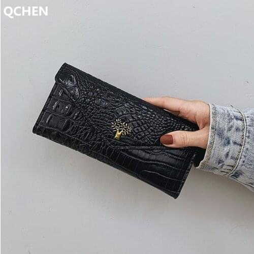 Womans Wallet Long Tree Crocodile Line Leather Coin Purses Soft Skin Buckle Clutch Female Money Bag Hand Credit Card Holder 730