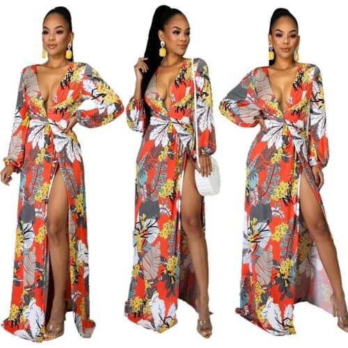 2021 Women Summer Long Maxi Dress Full Sleeve Floral Print Sexy African Dress Beach Bohe Female Dresses Elegant Vestidos